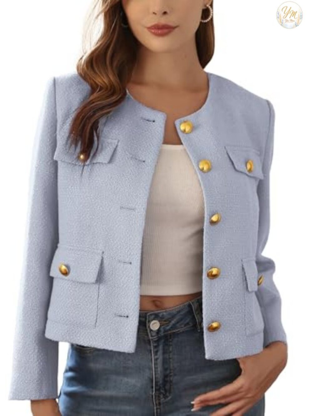 Cropped Tweed Blazers for Women Single-Breasted Collarless Gold-Tone Buttons